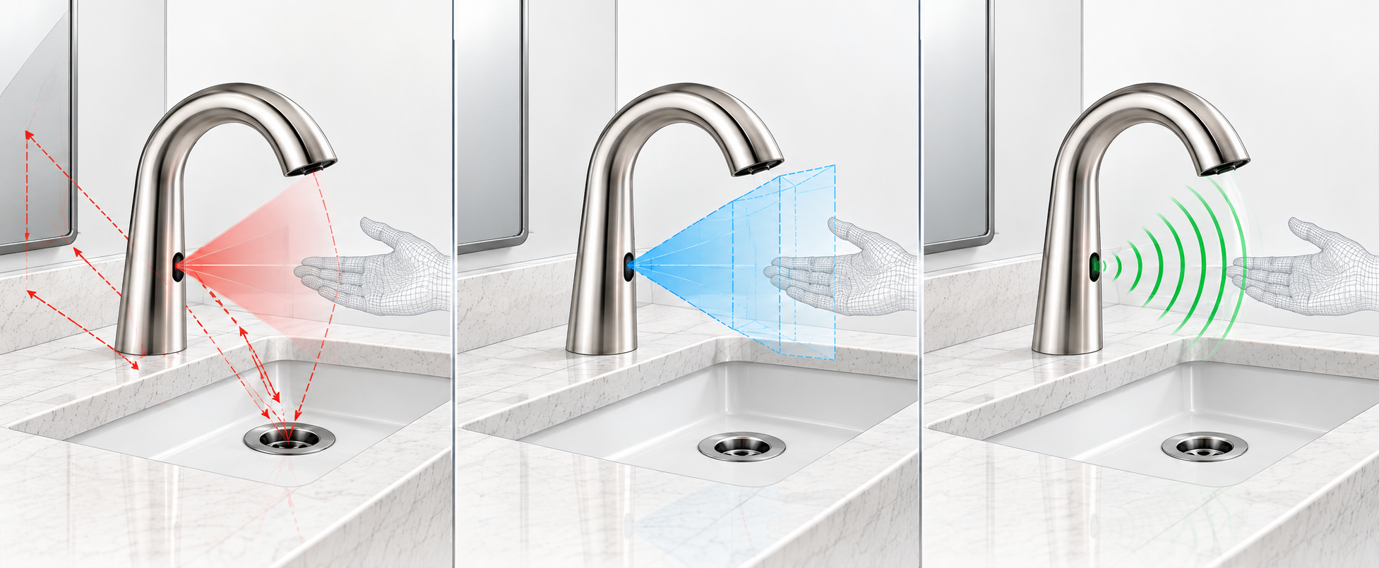 IR ToF and mmWave faucet sensor detection zone and reflection analysis