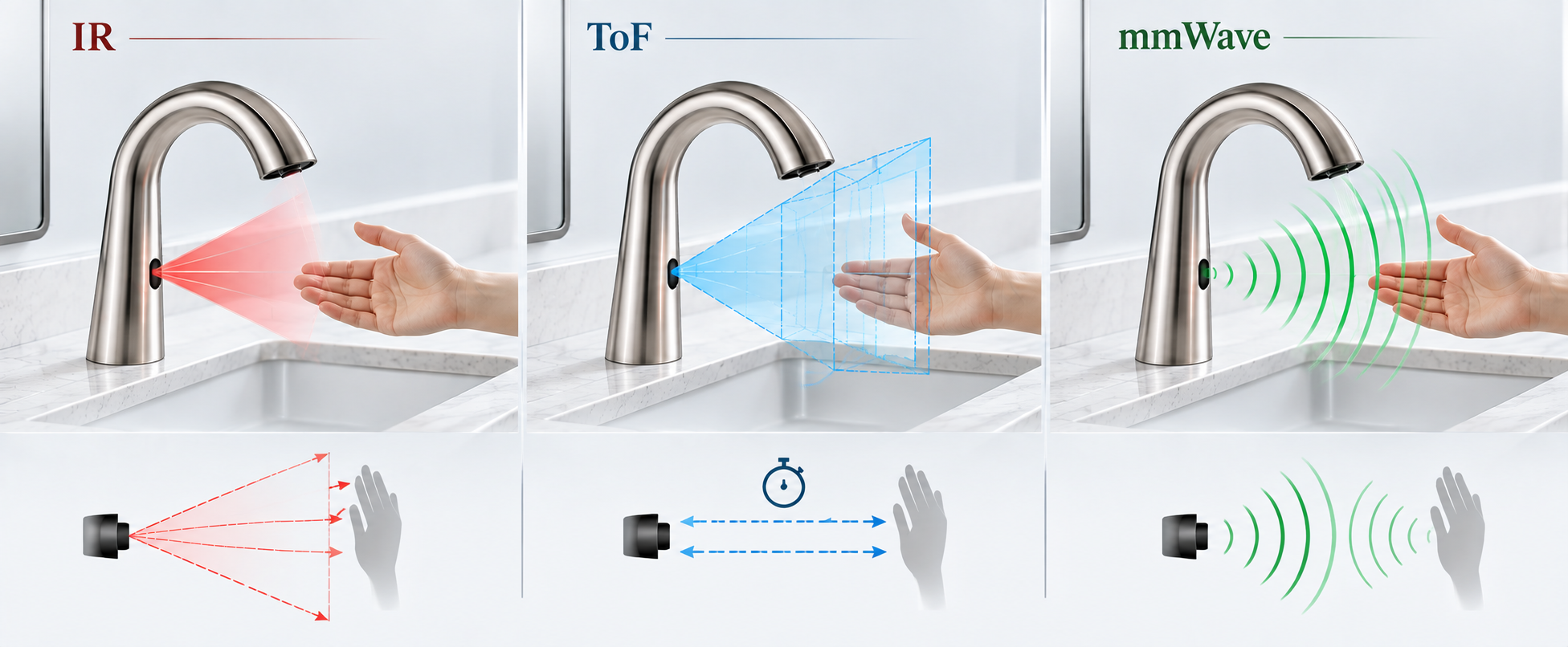 IR ToF and mmWave touchless faucet sensing range technology diagram
