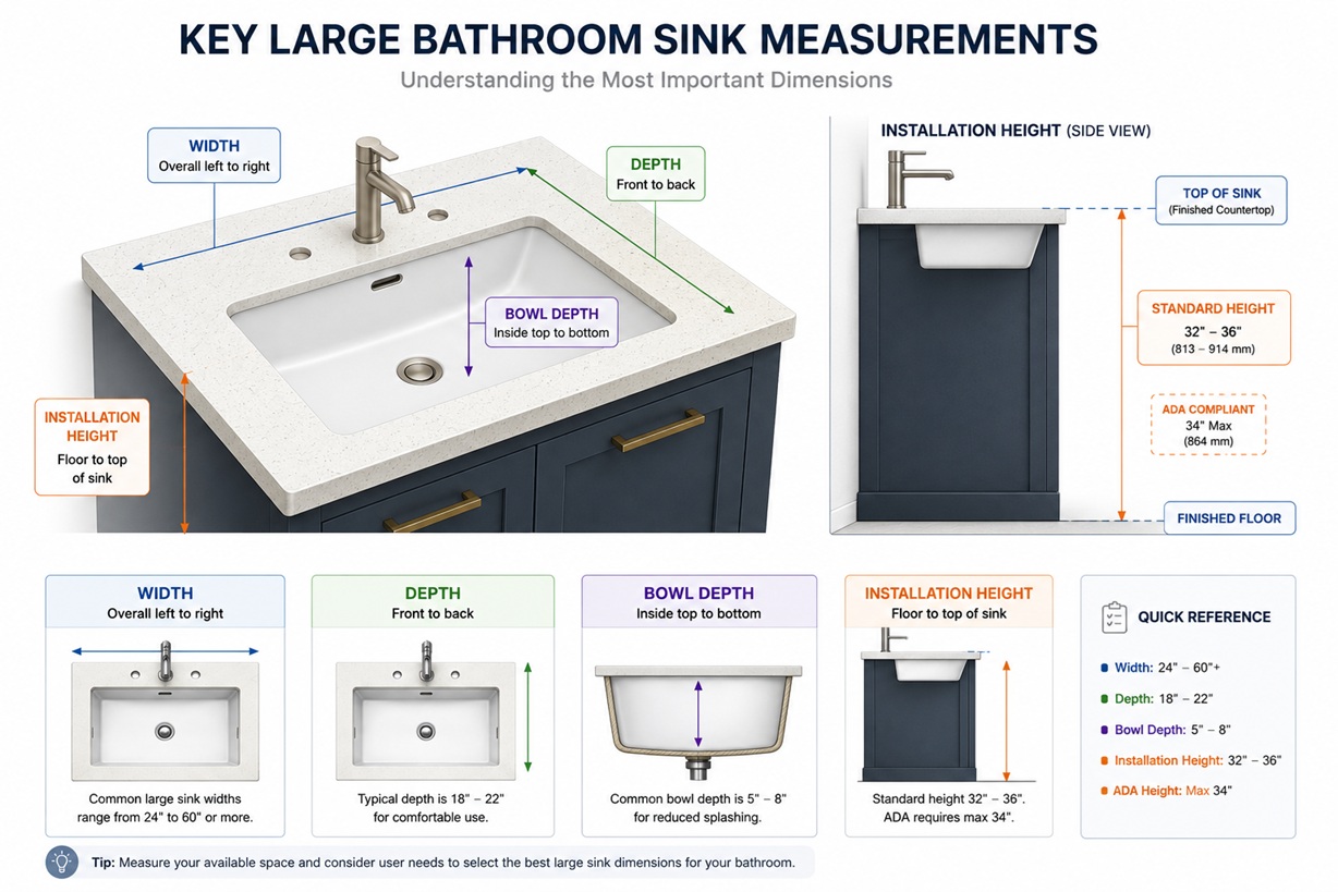 Key large bathroom sink measurements showing width, depth, bowl depth, and installation height