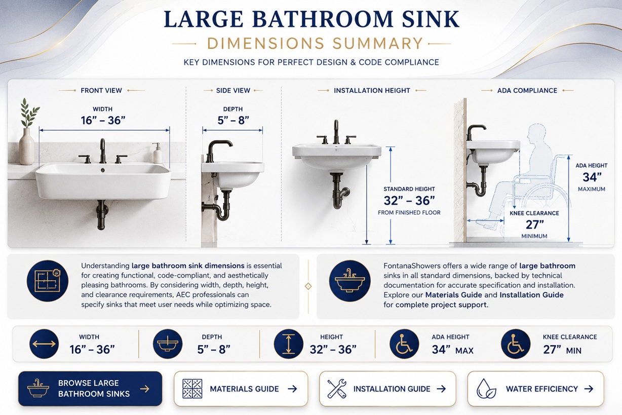 Large bathroom sink dimensions summary illustrating recommended sink width, depth, installation height, ADA maximum height, knee clearance, and key planning measurements