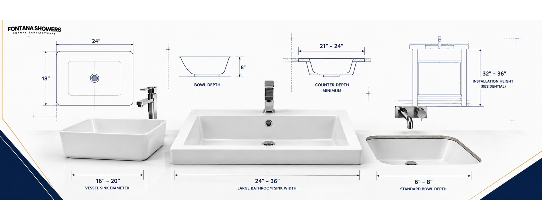 Large bathroom sink dimensions engineering guide showing sink width, bowl depth, countertop depth, and installation height