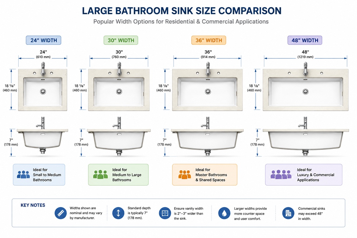 Large bathroom sink size comparison showing 24-inch, 30-inch, 36-inch, and 48-inch sink width options