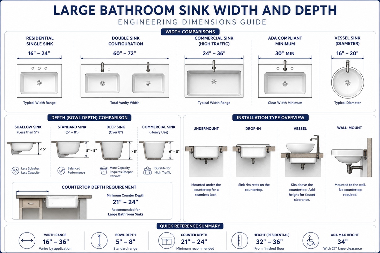 Large bathroom sink width and depth engineering diagram showing residential, commercial, vessel sink, bowl depth, and countertop depth measurements