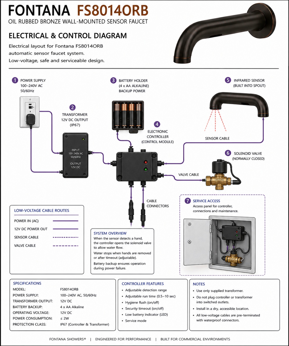 Fontana FS8014ORB electrical and control diagram showing power supply, transformer, battery holder, electronic controller, infrared sensor, solenoid valve, cable connectors, low-voltage cable routes and service access