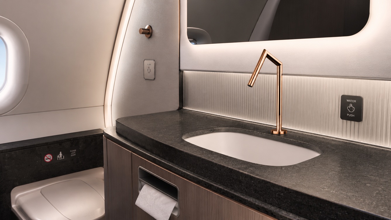 Close-up of a touchless faucet spout designed for aircraft lavatory handwashing
