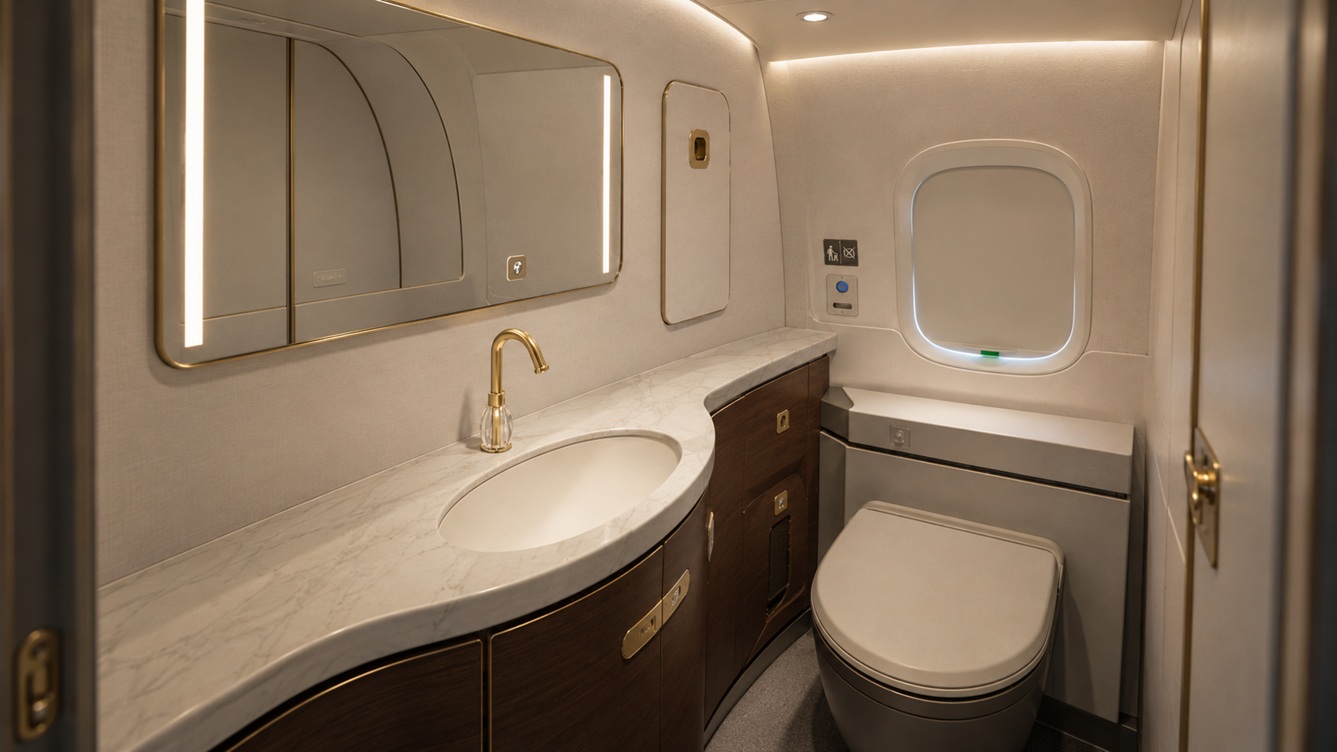 Airline fleet lavatory faucet installation with sensor module and compact basin layout
