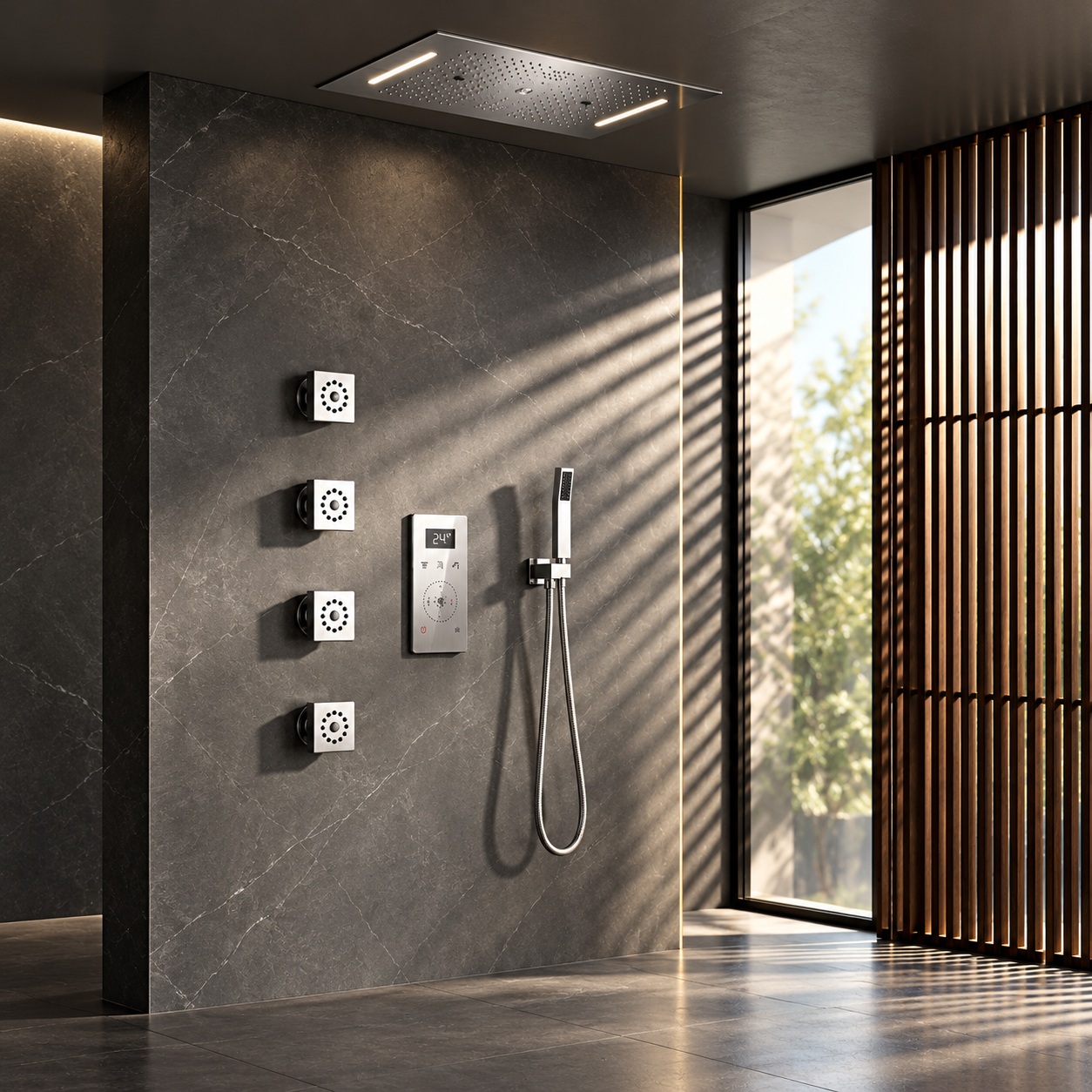 Delta shower spa system with overhead and handheld outlets