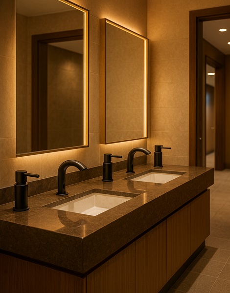Luxury-style office restroom bay with coordinated finishes