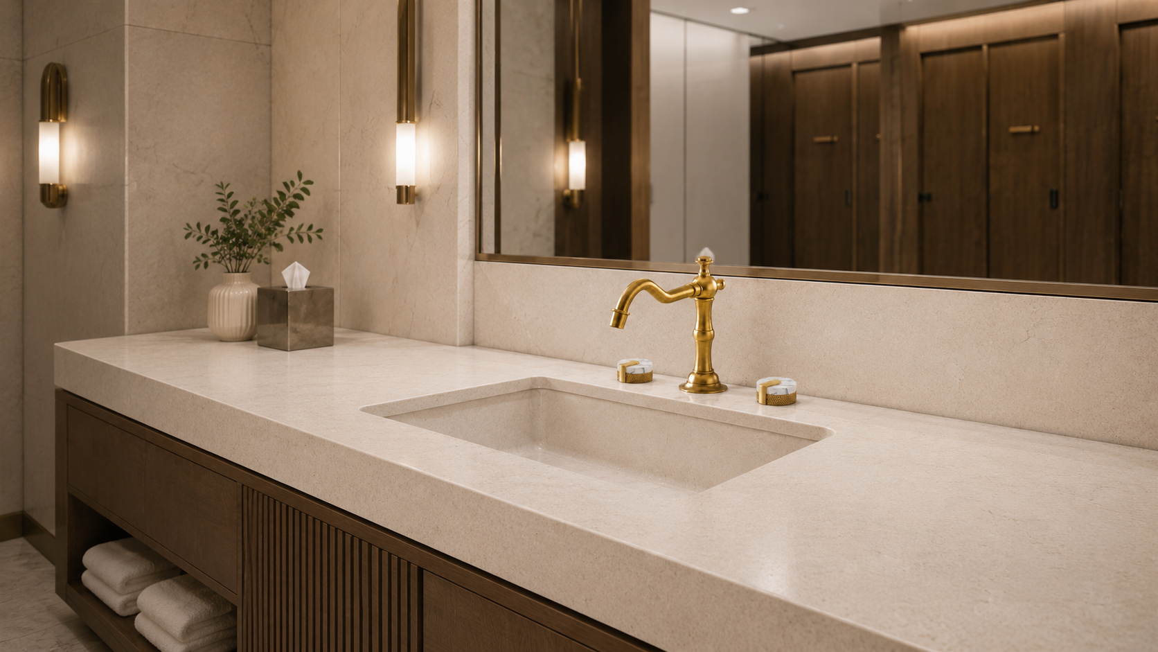 Luxury hotel bathroom vanity with antique brass widespread faucet