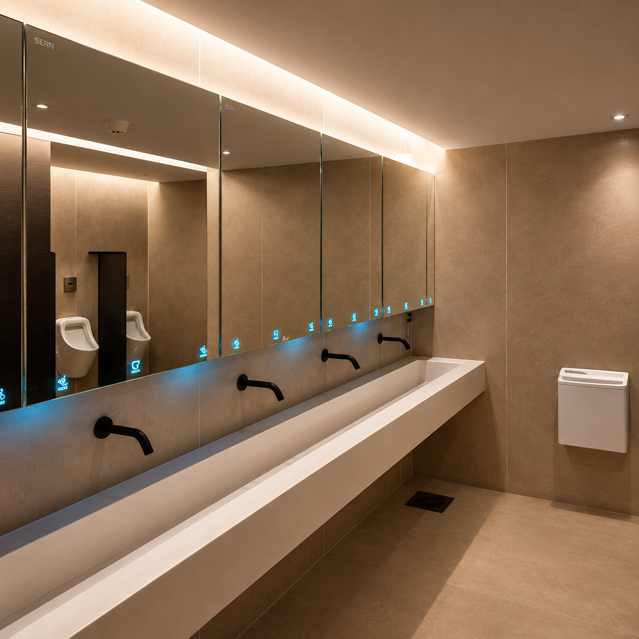 Premium hospitality restroom with vessel sinks and warm wood vanity