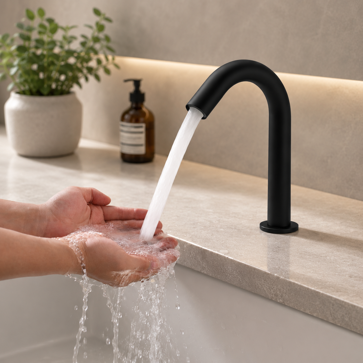 Matte black bathroom faucet used for hand washing