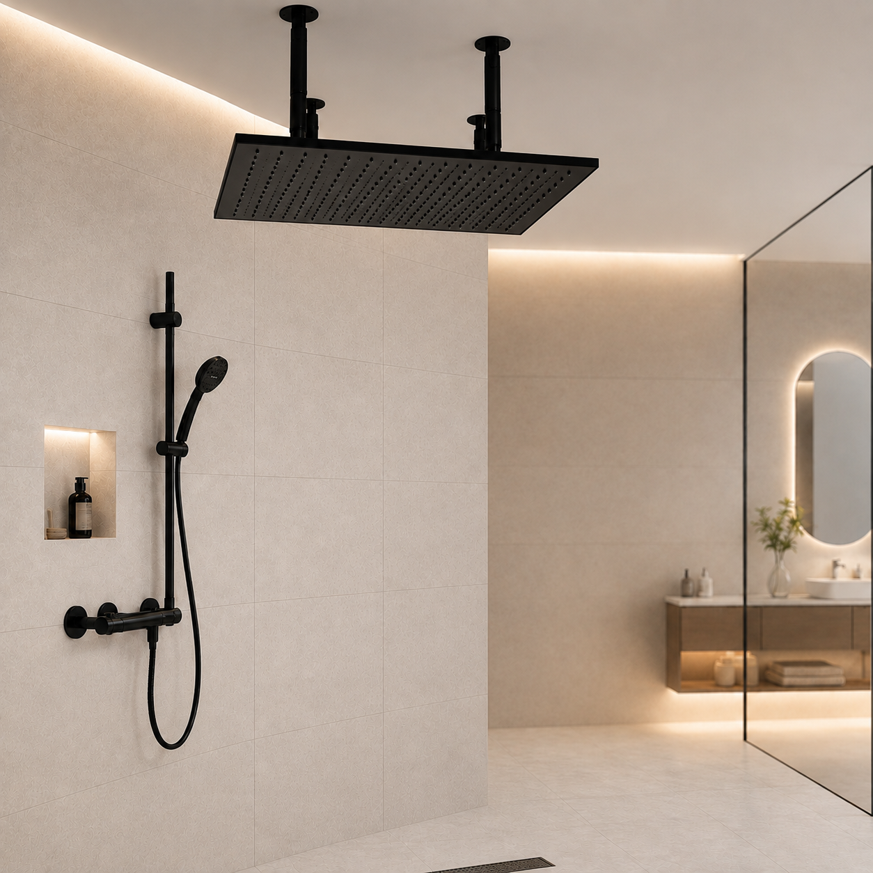Fontana Florence Wall Mounted Waterfall Rainfall Chrome Finish Shower Head with Handheld Shower and Faucet Spout