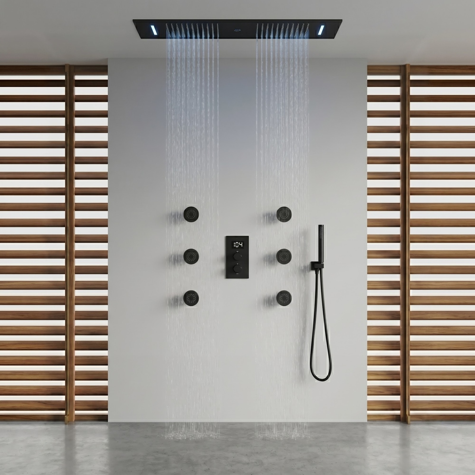 LED rain shower head with temperature responsive lighting