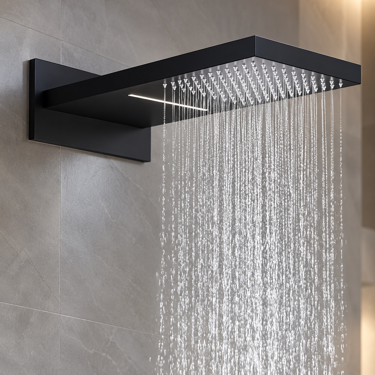Delta matte black rain shower head in contemporary bathroom