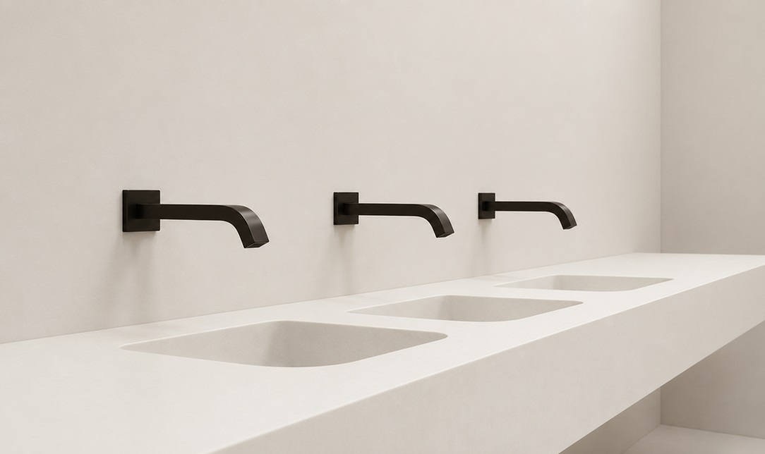 Modern stadium restroom with touchless fixtures