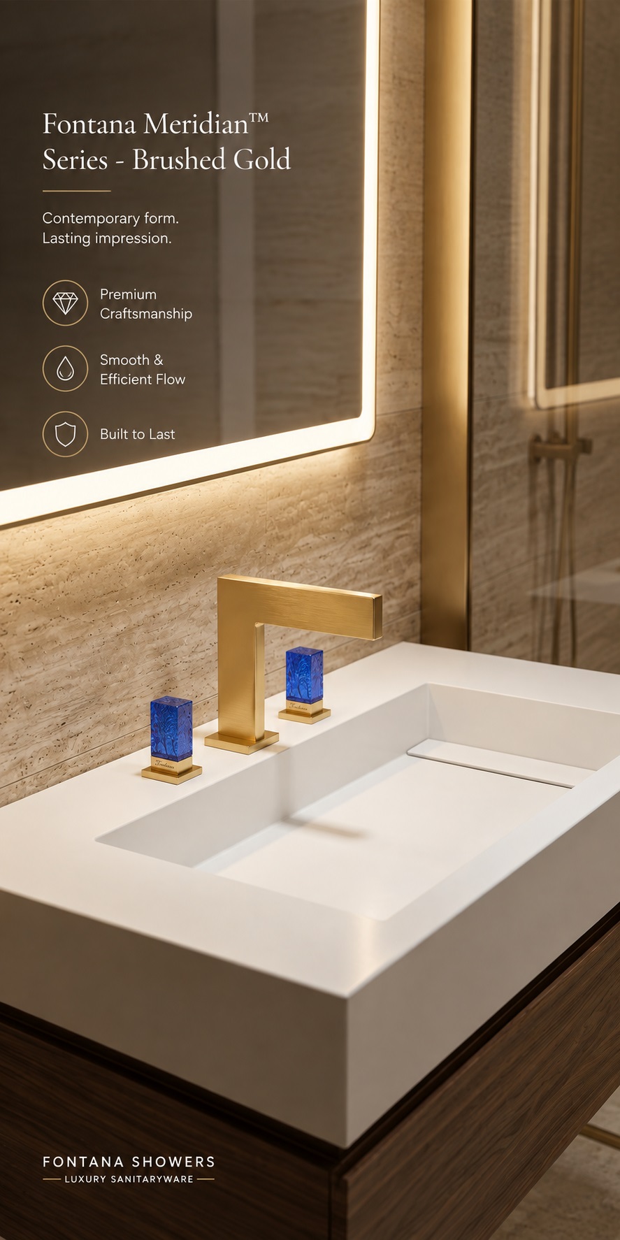 Fontana Meridian Series Brushed Gold Modern Bathroom Faucet with Blue Crystal Handles