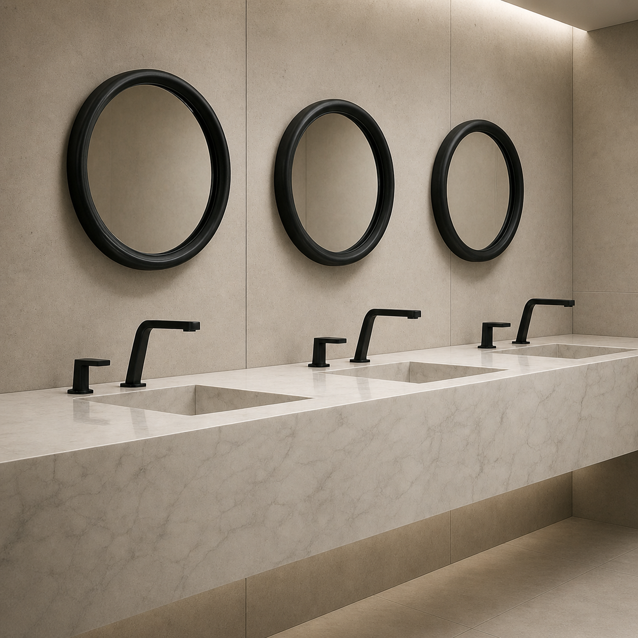 Commercial restroom fixture with mosaic forest stream finish