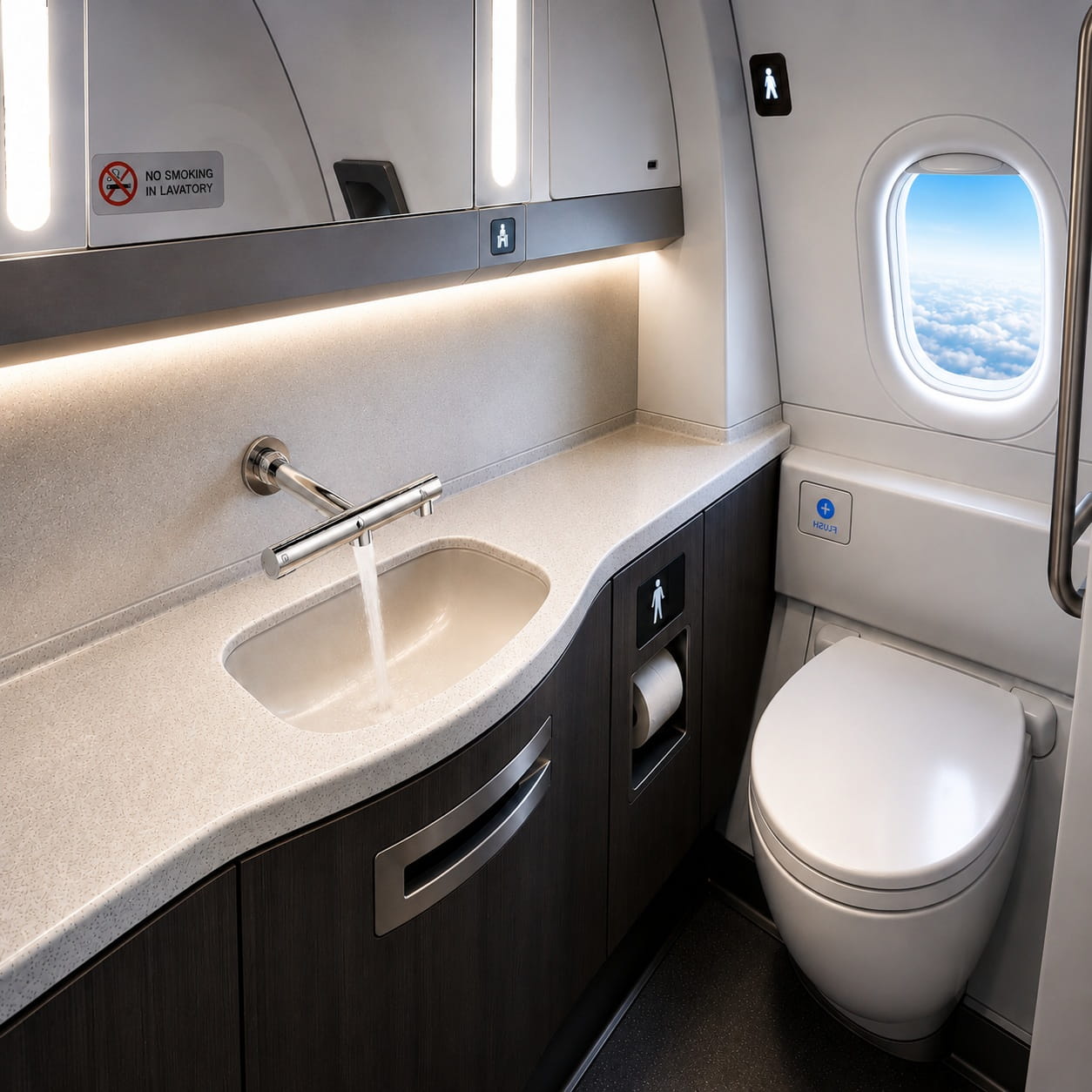 Wall mount aircraft lavatory touchless faucet with compact aviation installation