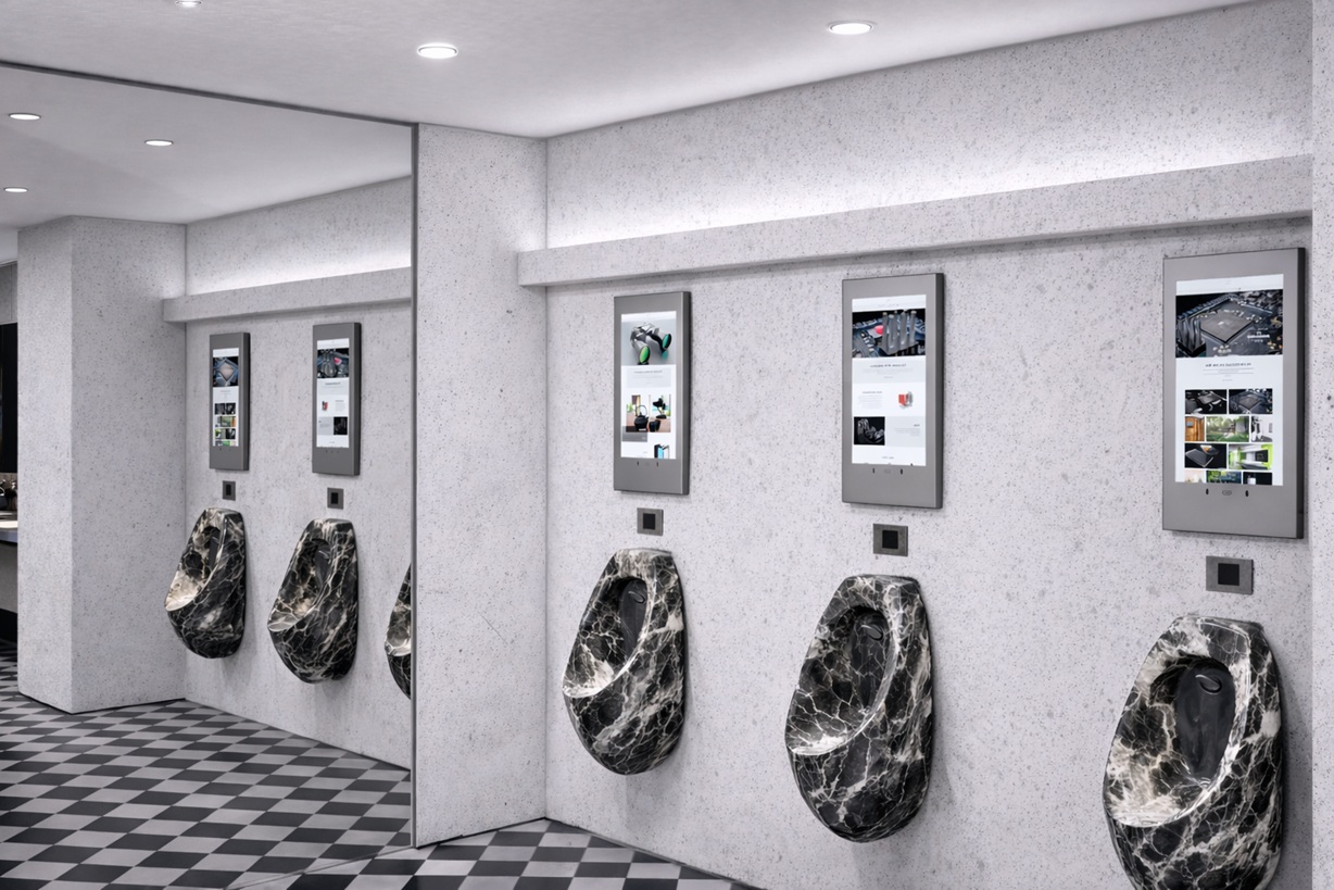 Recessed flushometer installation detail showing concealed wall box, sensor plate, and clean finished wall plane