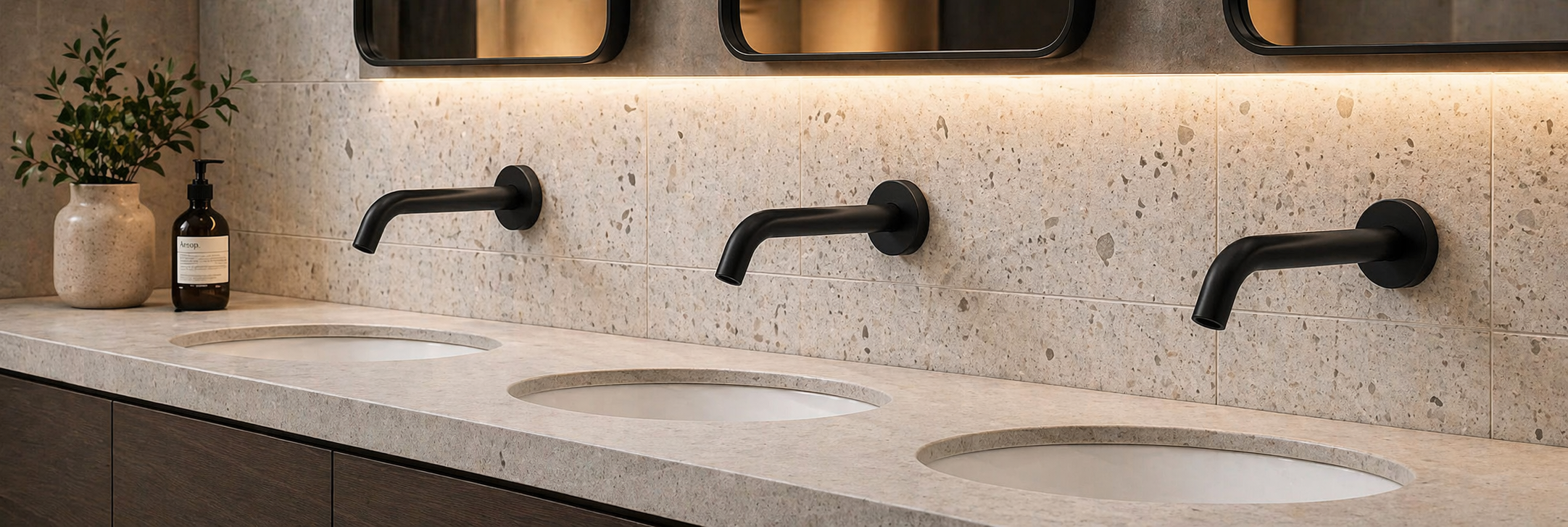 Fontana Chivasso waterfall touchless faucet for Qiddiya Grand Hotel luxury commercial restroom upgrade