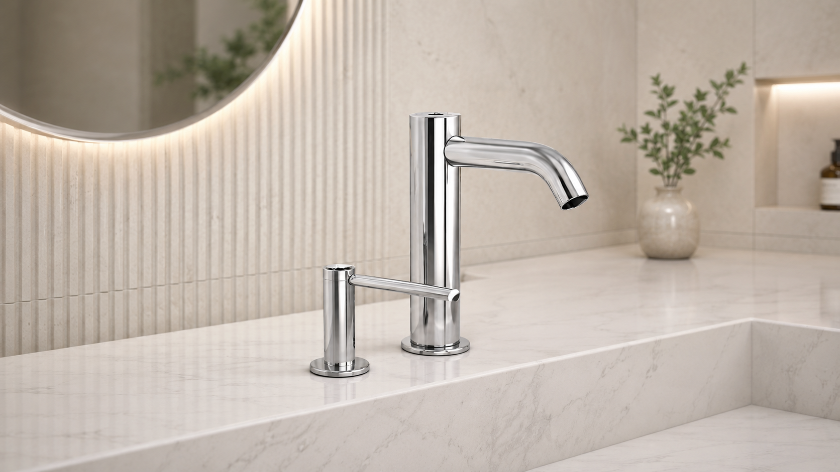 Modern chrome bathroom faucet on spa vanity