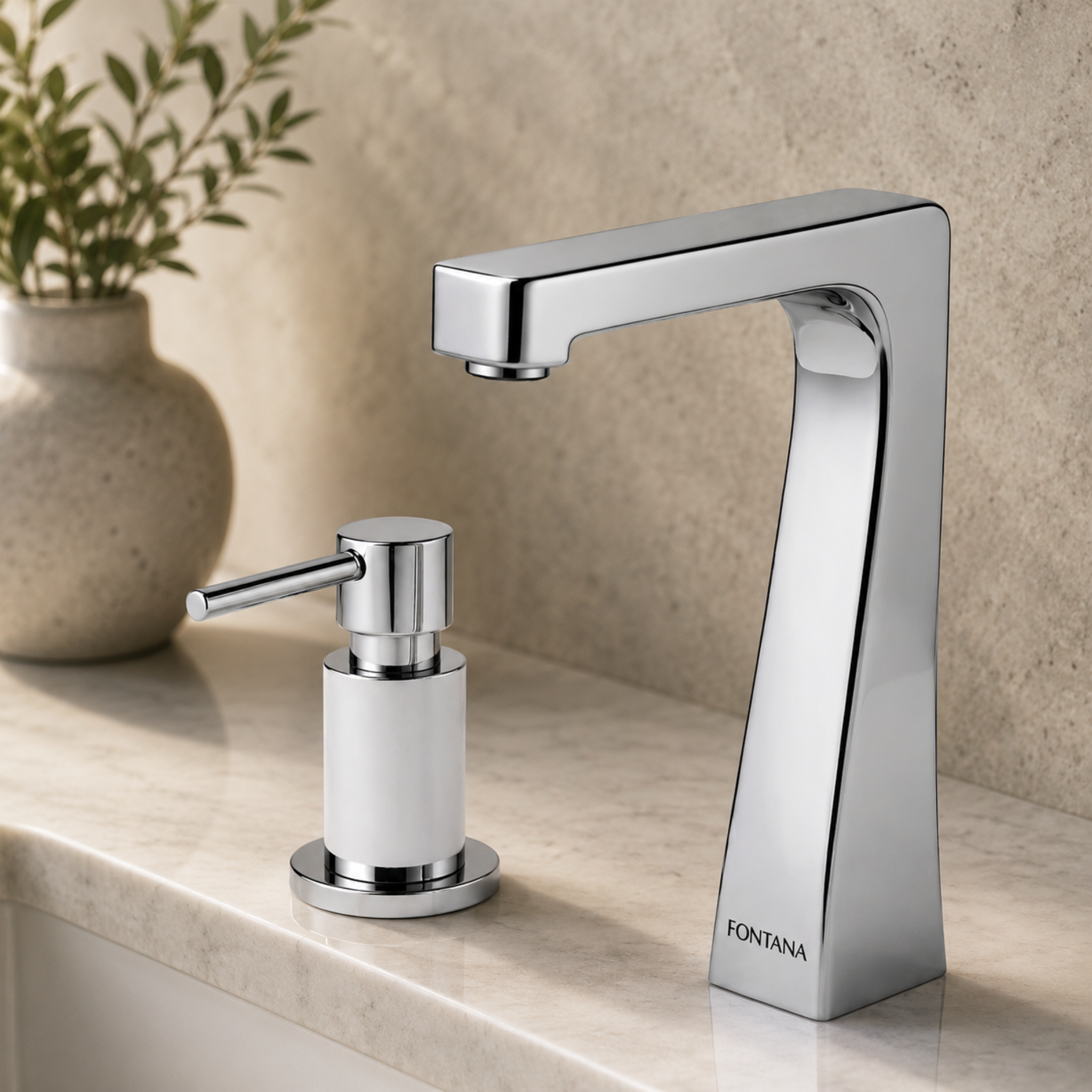 Modern chrome Fontana bathroom faucet with minimal stone background