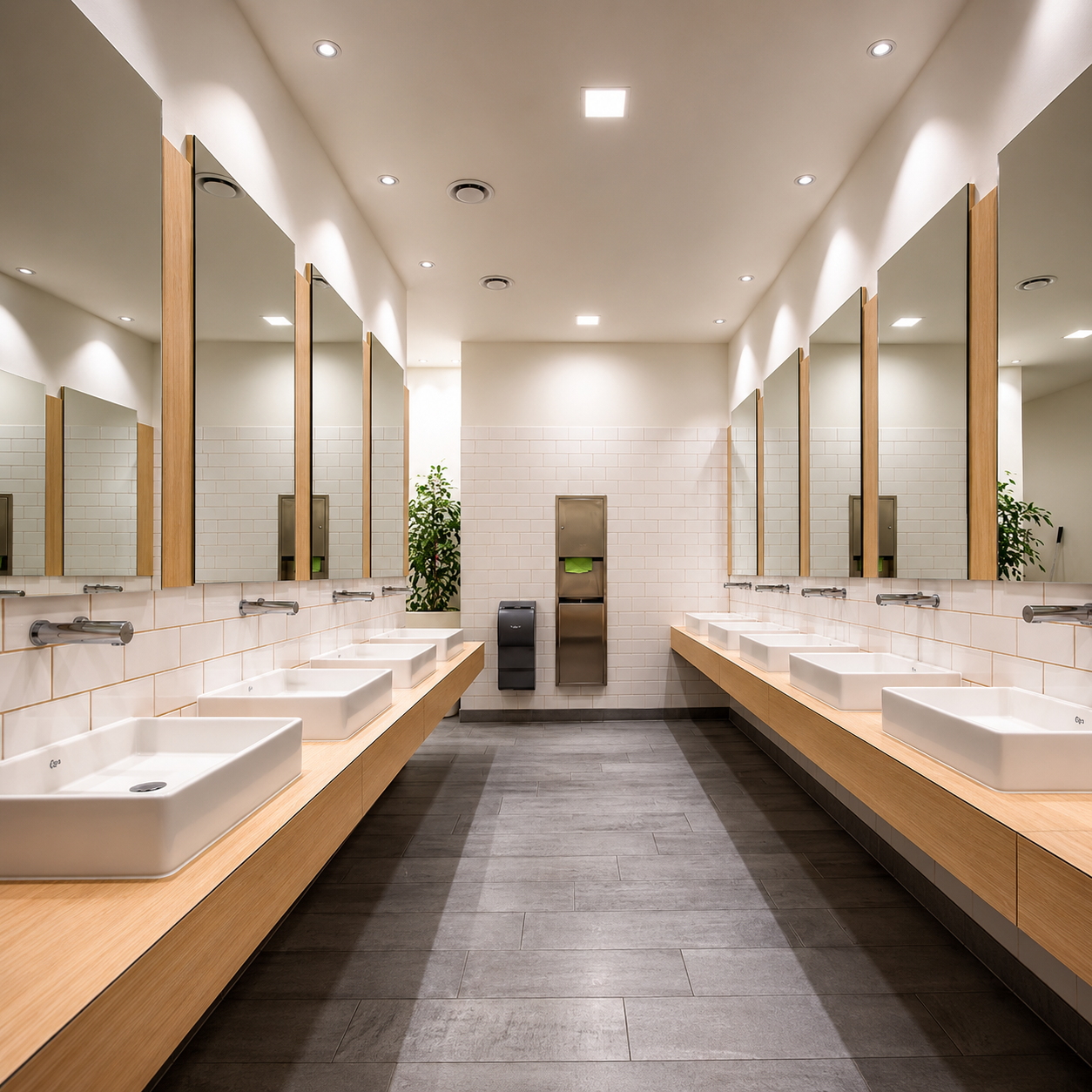 Modern commercial restroom with touchless wall-mounted faucets and illuminated mirrors
