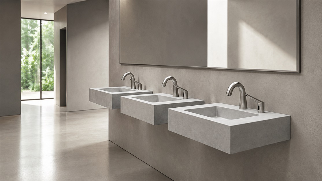 Modern commercial restroom using touchless faucet systems