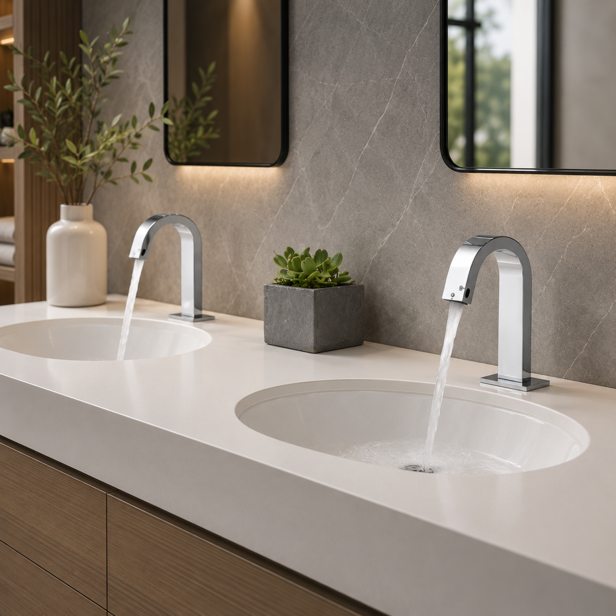 Modern double sink bathroom vanity with touchless chrome faucets