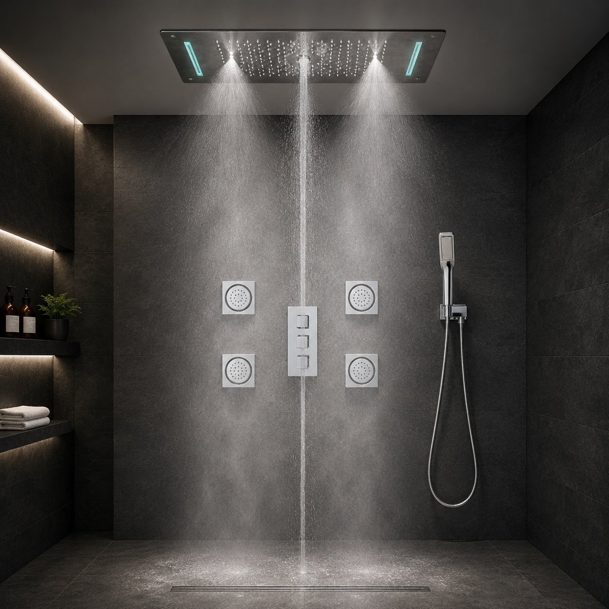 Juno 6 Function Super Luxury Ceiling Mount Shower Head LED Large Shower System