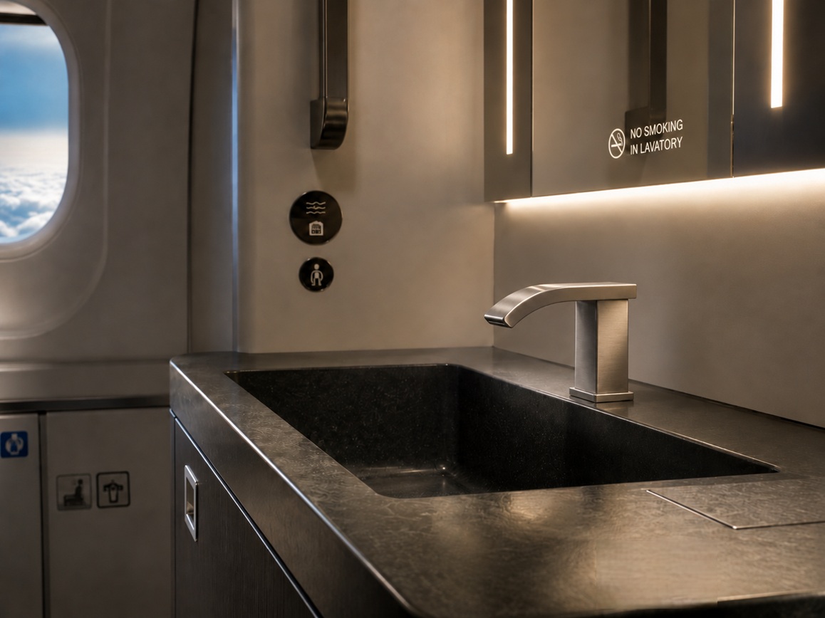 Small aircraft lavatory basin showing limited space around the faucet and sink area
