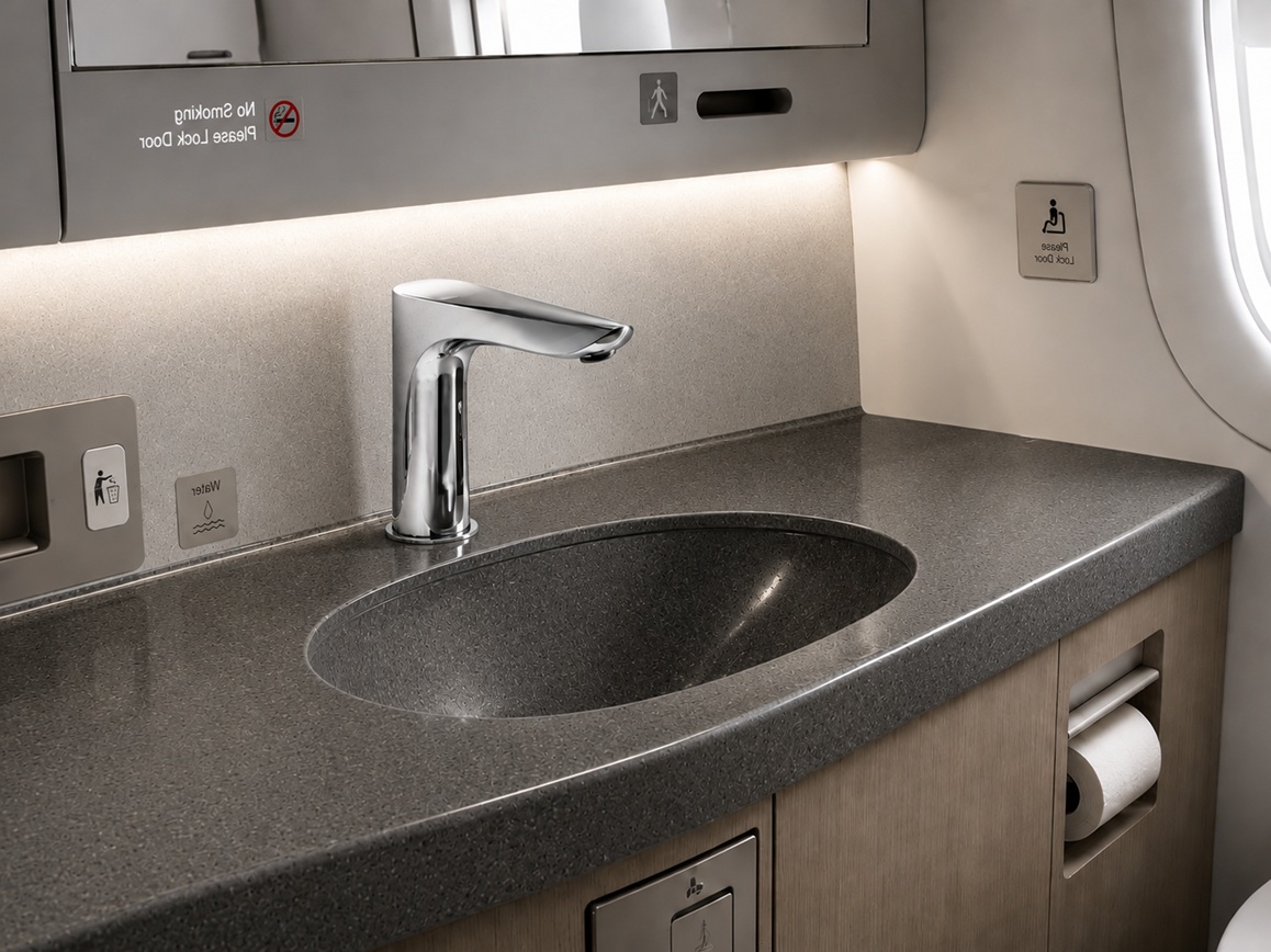 Aircraft lavatory faucet maintenance area showing compact sensor and plumbing access