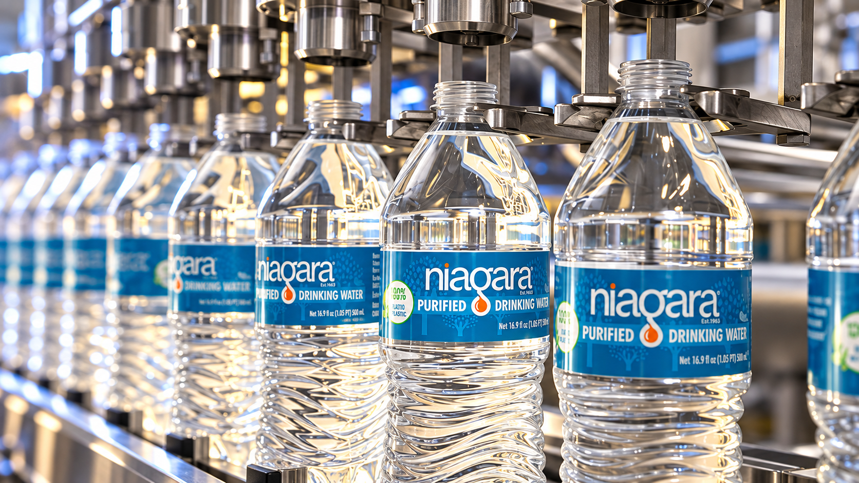Niagara-branded bottled water on an automated production conveyor
