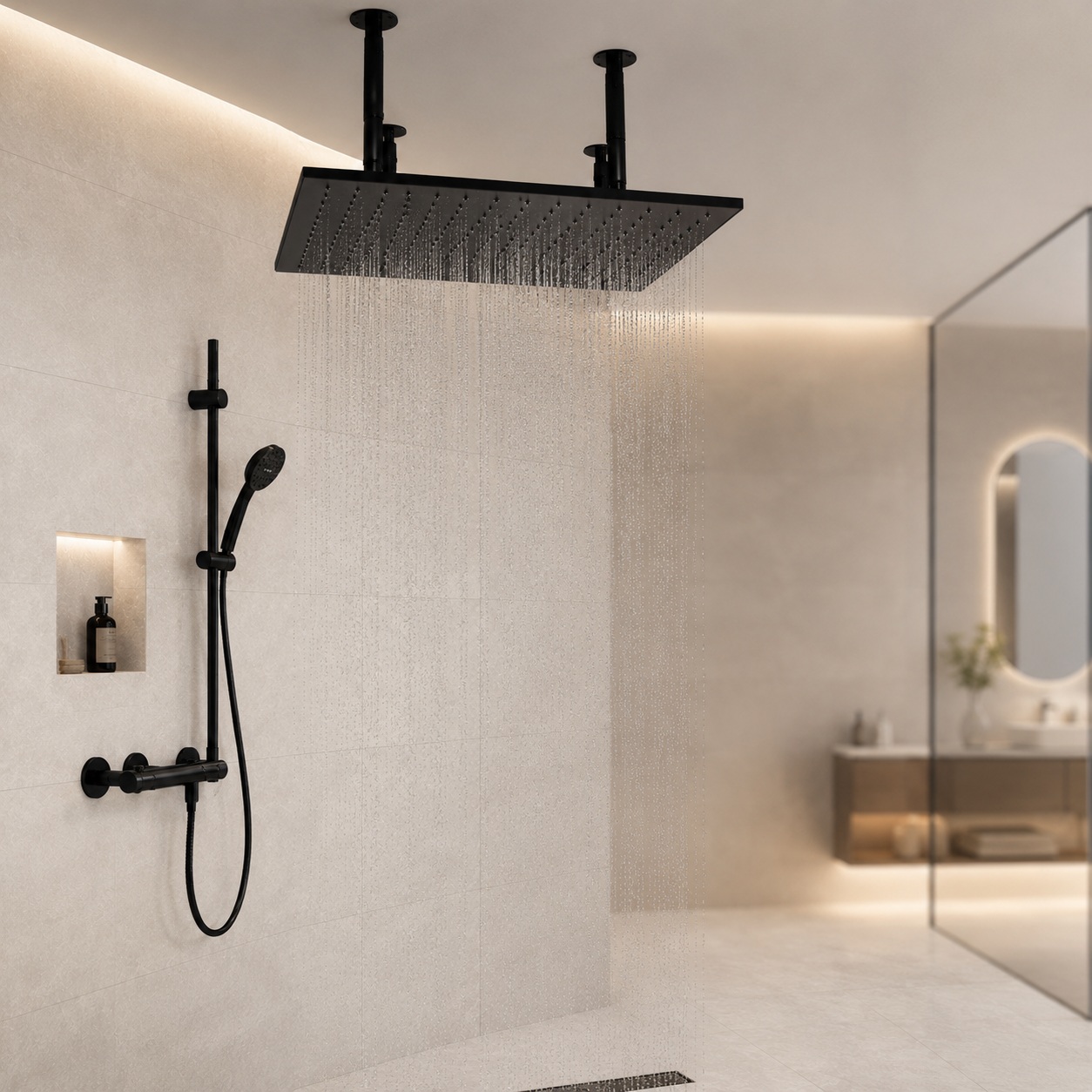 Fontana Florence Wall Mounted Waterfall Rainfall Chrome Finish Shower Head with Handheld Shower and Faucet Spout
