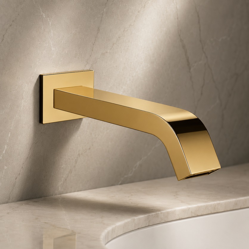 Gold Square Tube Wall Mount Touchless Motion Sensor Faucet Combo and Vessel Sink Set