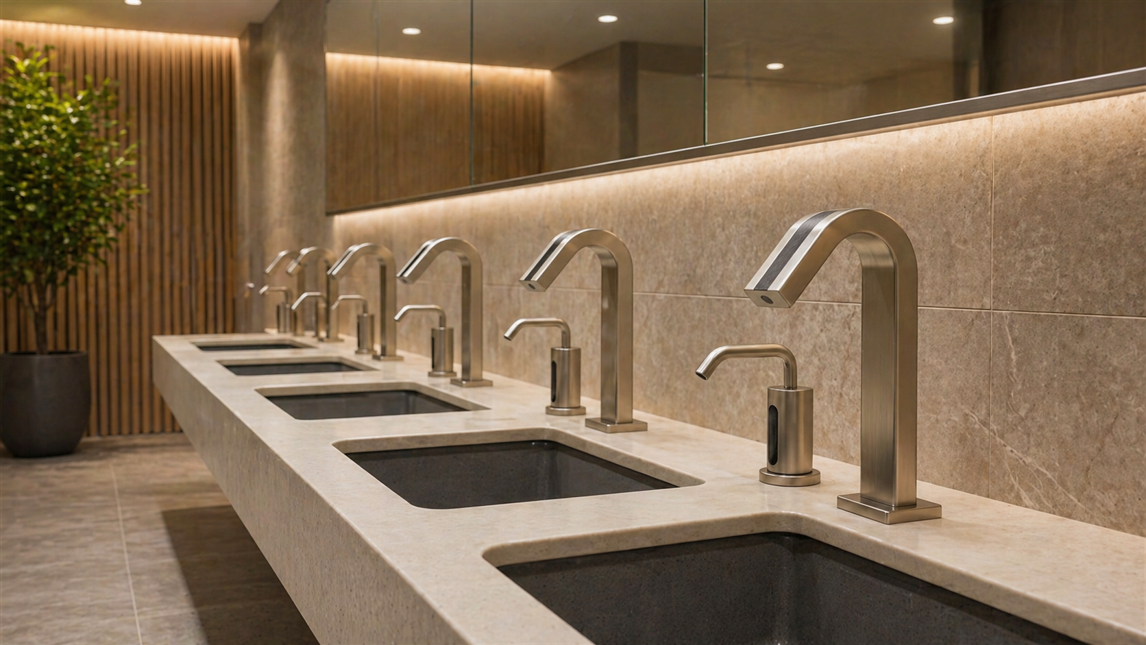Commercial touchless faucet in glossy black and marble style