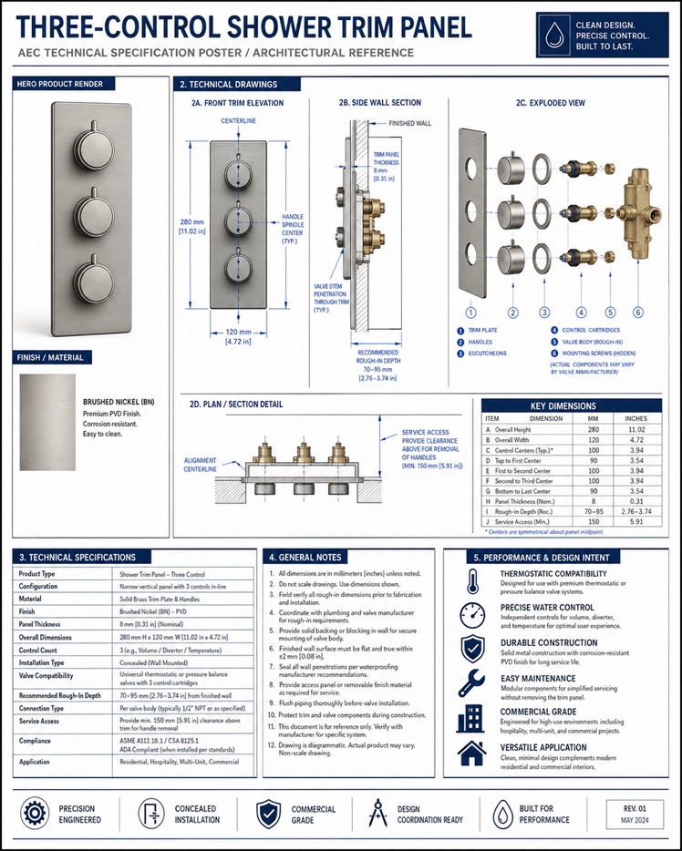 Fontana Maubeuge FS6029GMG wall rough-in drawing showing front elevation, wall section, plan valve zone, concealed valve depth, hot and cold inlet spacing and service access