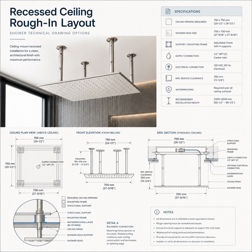 Recessed Ceiling Large Rain Shower Head and Shower System Rough-In Layout