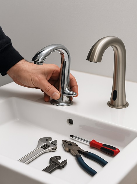 Luxury-style office restroom bay with coordinated finishes