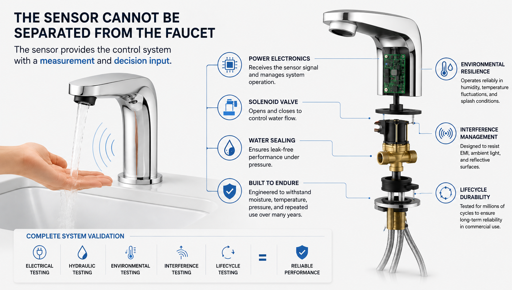 Commercial touchless faucet sensor electronics valve and hydraulic system