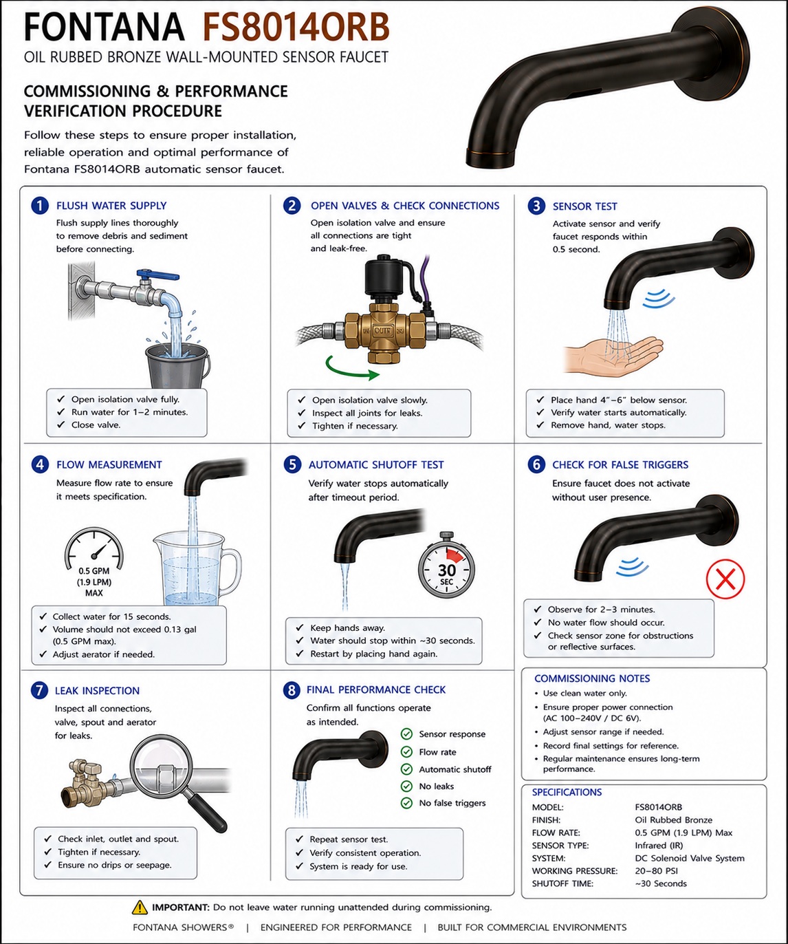 Fontana FS8014ORB commissioning and performance verification procedure showing supply flushing, valve opening, sensor testing, flow measurement, automatic shutoff, false-trigger checks and leak inspection