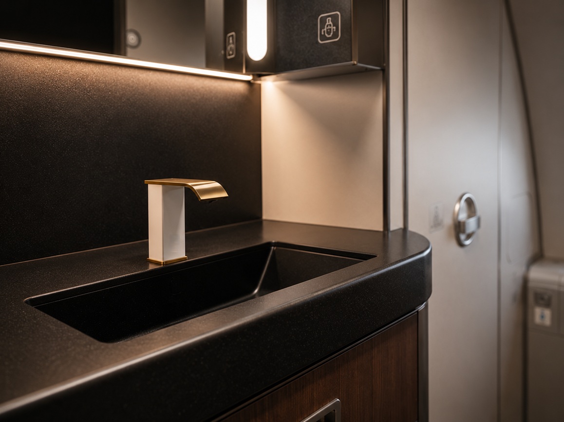 Close-up of controlled water flow from a touchless aircraft lavatory faucet