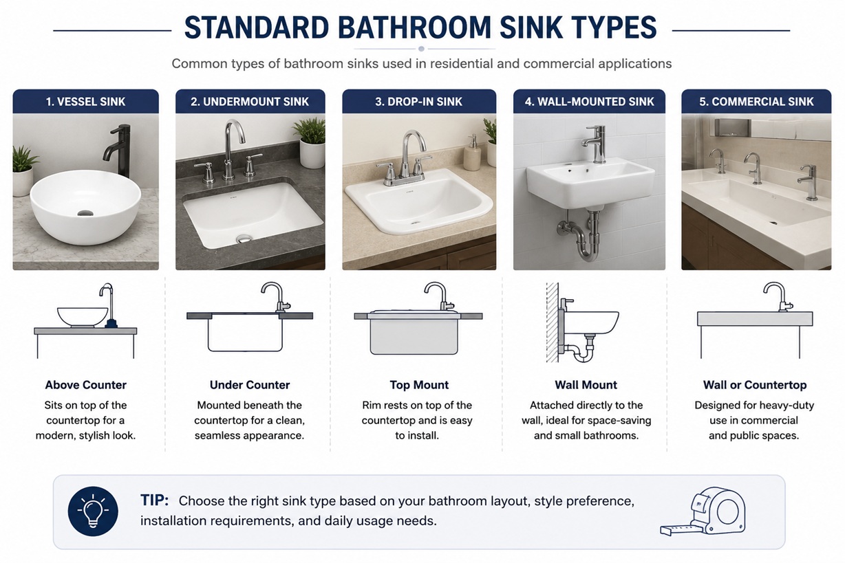 Standard bathroom sink types including vessel, undermount, drop-in, wall-mounted, and commercial sinks