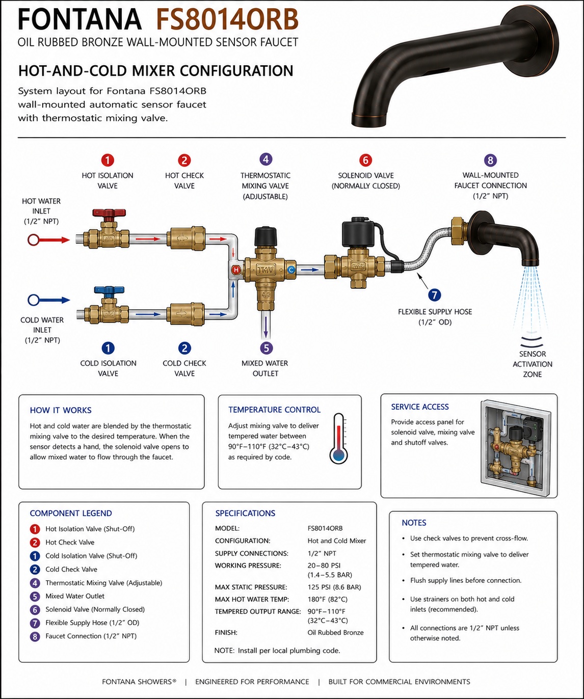 Fontana FS8014ORB hot-and-cold mixer configuration showing hot and cold water inlets, isolation valves, check valves, thermostatic mixing valve, solenoid valve, flexible supply hose and wall-mounted faucet