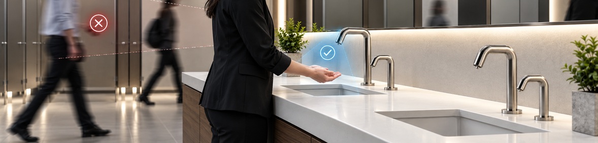 ToF sensor faucet in a commercial restroom detecting a user’s hands while reducing false activations from nearby pedestrian movement.