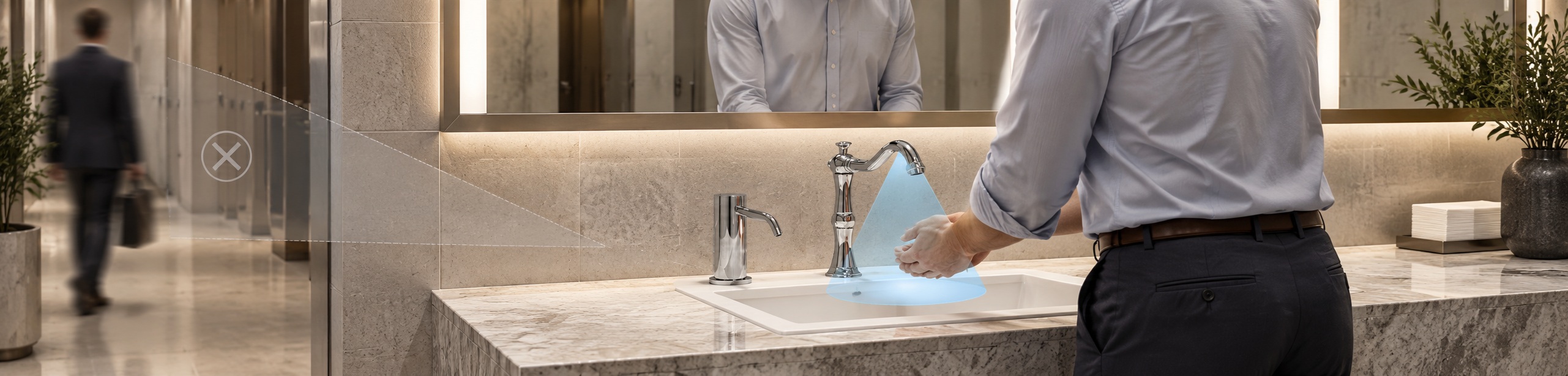 ToF sensor faucet in a commercial restroom precisely detecting a user’s hands to support water conservation while avoiding unnecessary activations.
