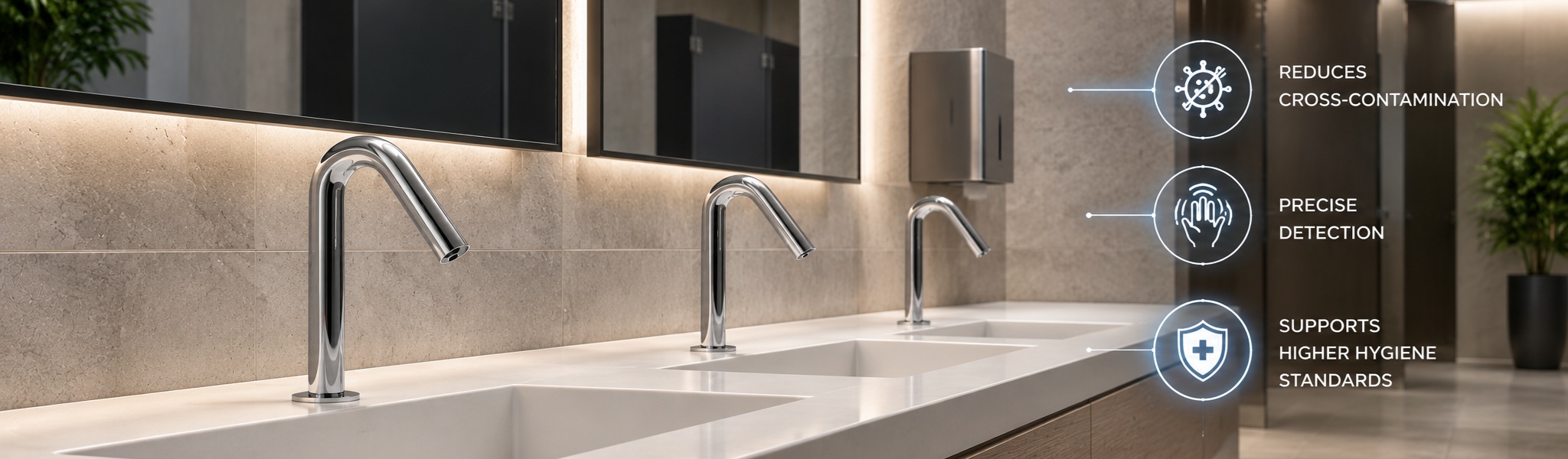 Three chrome ToF sensor faucets aligned over commercial restroom sinks, illustrating precise touchless detection and improved hygiene standards in public washrooms