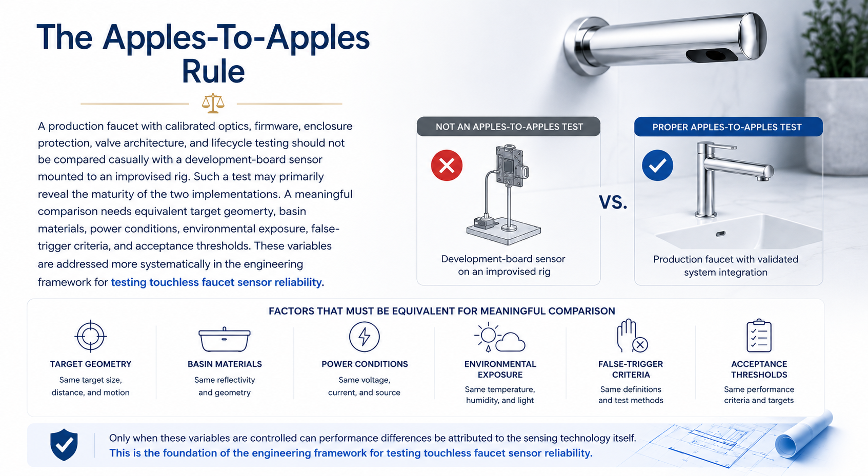 Apples-to-apples engineering testing of commercial touchless faucet sensor systems