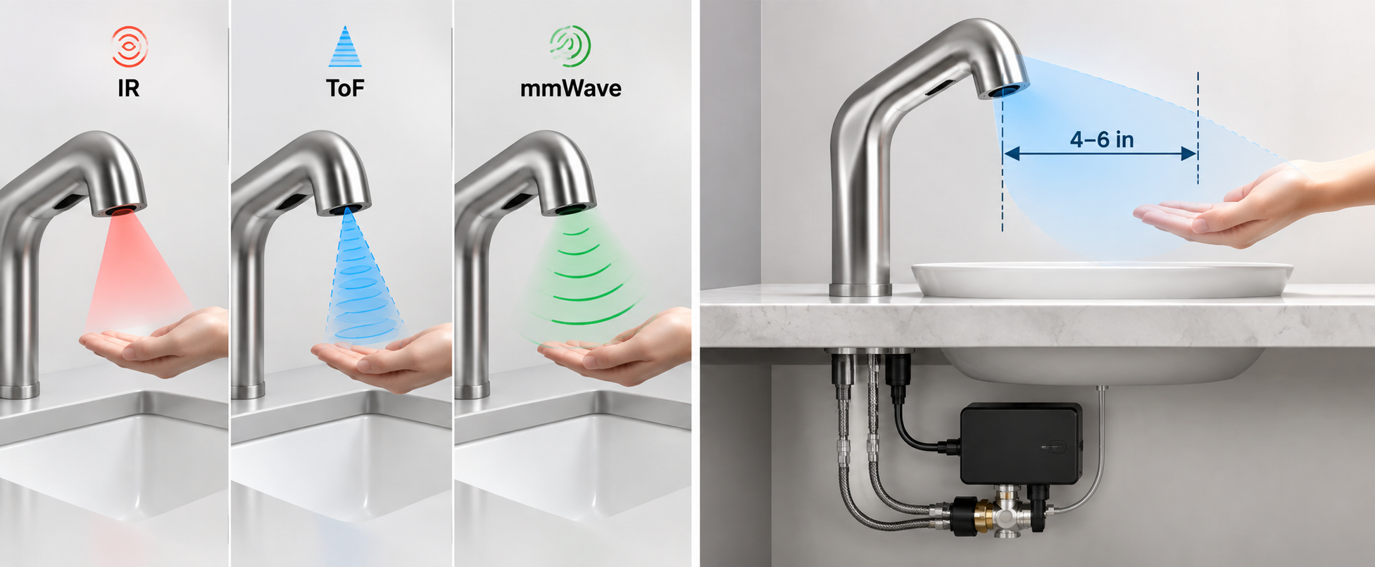 Touchless faucet IR ToF and mmWave sensing range and installation comparison diagram