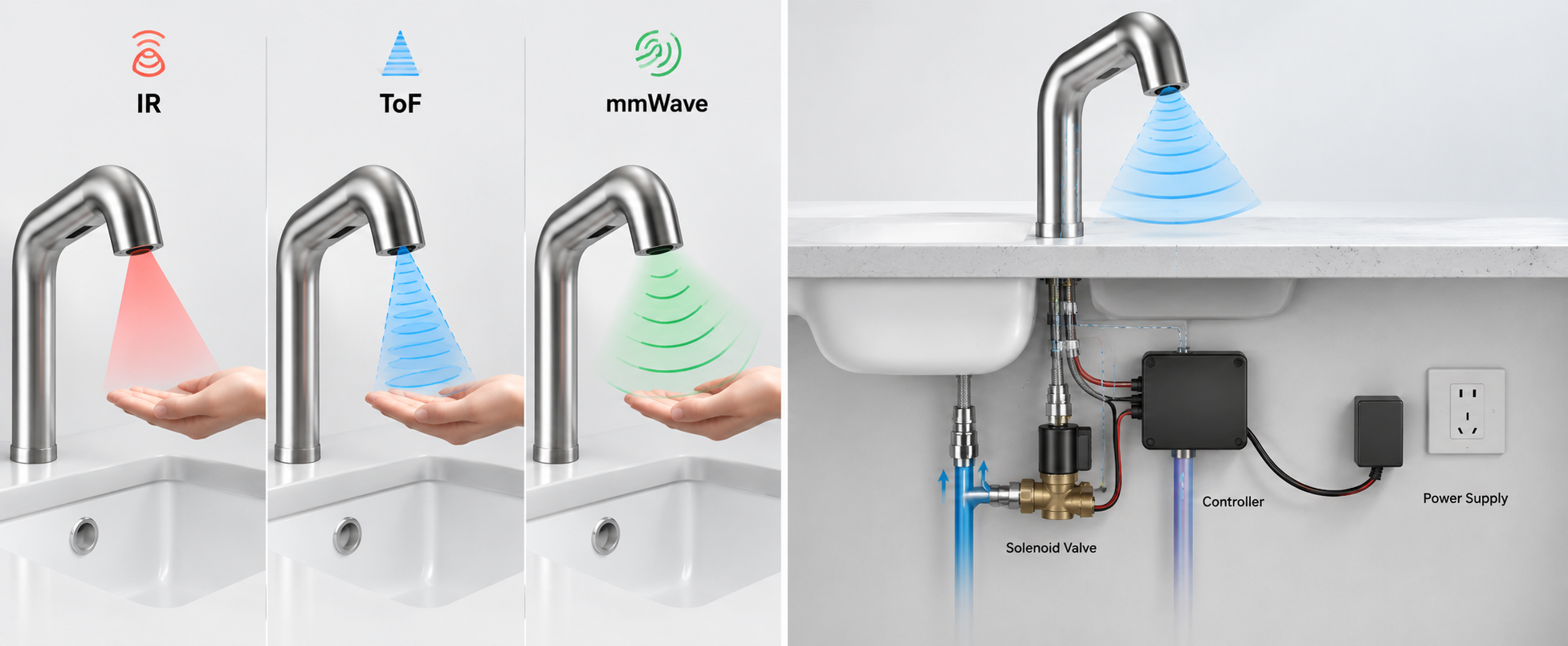 Touchless faucet sensor technology with controller power system and solenoid valve diagram
